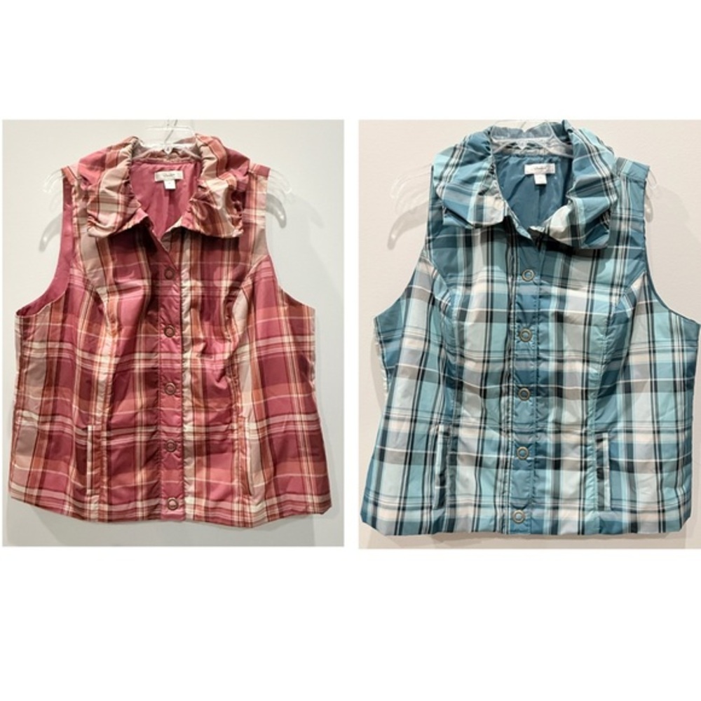 Lot of 2 CJ Banks Women's 2X Snap Collared Plaid Quilted Vests w/pockets BRT